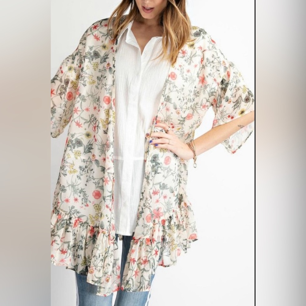 EUC‎ Easel Floral Open Front Kimono Sz M Sheer Feminine Boho Cottagecore fairy